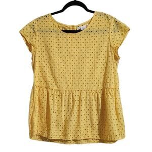 C&C California Top Womens S Yellow Eyelet Peplum Shirt 100% Cotton Button Back